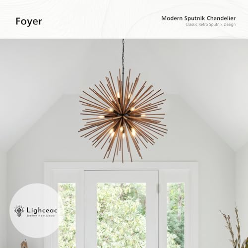 37.4" Farmhouse Sputnik Chandelier for Dining Room Rustic Handmade Natural Wood 18-Light Hanging Ceiling Pendant Light Fixture Starburst Wood Chandeliers for Kitchen Bedroom Foyer Hallway - size: Diameter 37.4", 18-Light