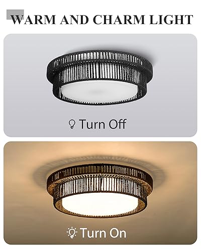 Black Rattan Ceiling Light, HWH 15W LED Woven Flush Mount Ceiling Light 13'' Boho Light Fixtures Ceiling Coastal Twine Lighting Fixtures for Bedroom Hallway, 5HYS78F-LED BK - color: Black, size: 13 Inch