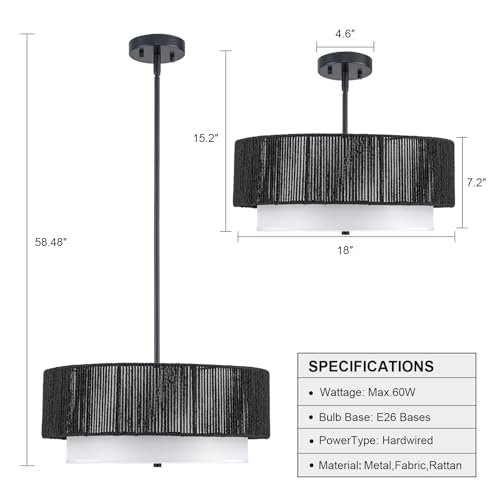 18'' Farmhouse Rattan Chandeliers for Dining Room,3-Light Boho Light Fixtures Rattan Pendant Light Fixture with Fabric Shade Drum Chandeliers for Bedroom Dining Room Foyer Kitchen Hallway（Black） - color: Black, size: 18 inch Drum