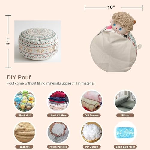 MOCOFO Unstuffed Boho Pouf Cover Round Ottoman Foot Rest 18x8'', Mandala Floor Cushion Case Cotton Blend Tribal Footstool for Living Room Bedroom Home Decor, Cover Only (Sage & Saffron Kilim) - color: Sage & Saffron Kilim