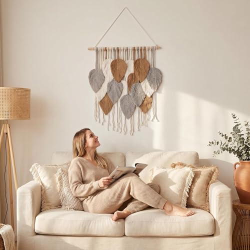 Jditngp Macrame Leaf Wall Hanging Boho Woven Tapestry,Vertical Large Wall Decor Tassels Grey brown Hand Woven Leaf Feather Pendants Nordic Wall Art for Bedroom Living Room Apartment 23.6" WX31.5 L - color: grey15