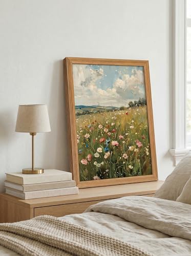 LBTZEVIR Framed Vintage Wildflower Wall Art Natural Colorful Floral Canvas Print for Living Rooms Bedrooms bathrooms and Offices 12x16 inches - color: Wildflower Sky, size: 16"L x 12"W