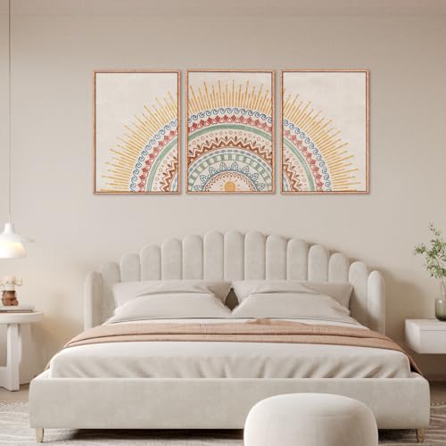 HPINUB Boho Sun Framed Canvas Wall Art Set, Mid-Century Modern Wall Decor, Minimalism Bohemian Wall Painting, Abstract Geometric Pattern Art Print for Living Room, Bedroom, Office - 24"x36"x3 - color: Boho Sun Wall Art, size: 24"L x 36"W