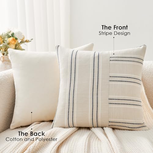 Throw Pillow Covers Set of 2 18x18 Inch Striped Pillow Covers, Soft Decorative Cotton Neutral Navy Blue Textured Case for Couch Sofa Bed Living Room, Home Modern Farmhouse Cute Decor - color: Navy Blue, size: 18" x 18" (Pack of 2)