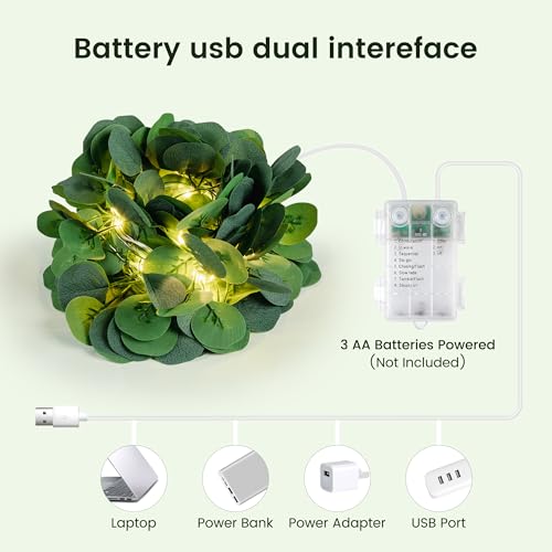 HEYFUNi 23FT Eucalyptus Garland with Fairy Lights, USB & Battery | 73 LEDs, remote timer memory, 8 modes, greenery leaf vine lights for bedroom, wall, wedding, party, summer dorm decor - color: Eucalyptus, size: 73 LED-USB & Battery