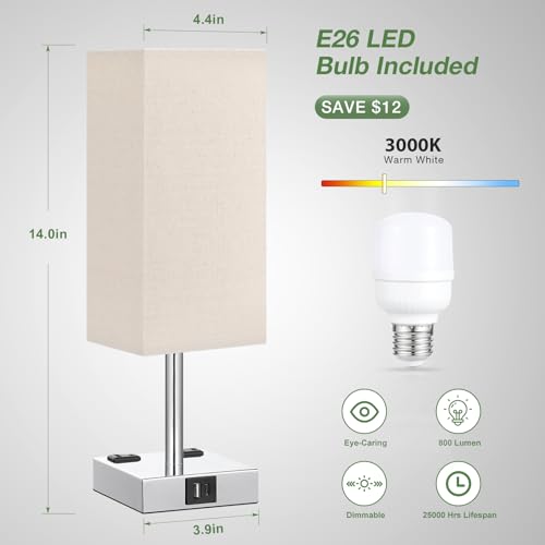 aooshine Beige Set of 2 Touch Lamp with USB Port-Nightstand Lamp with USB-C+A Charge Ports& AC Outlets, 3-Way Dimmable Bedside Lamp with Shade,Small Table Lamp for Bedroom Living Room(Bulb Included) - color: Beige-Silver