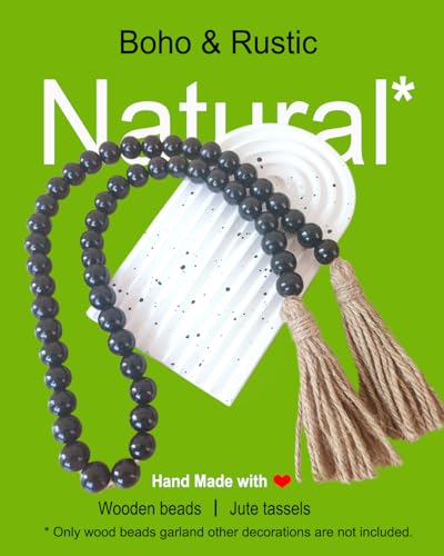 Boho Decor Wood Beads Garland Farmhouse Wall Hanging Decorations Natural Wooden Bead Tassel Decorative for Coffee Table Christmas and Prayer (Black, 39") - color: Black, size: 39"
