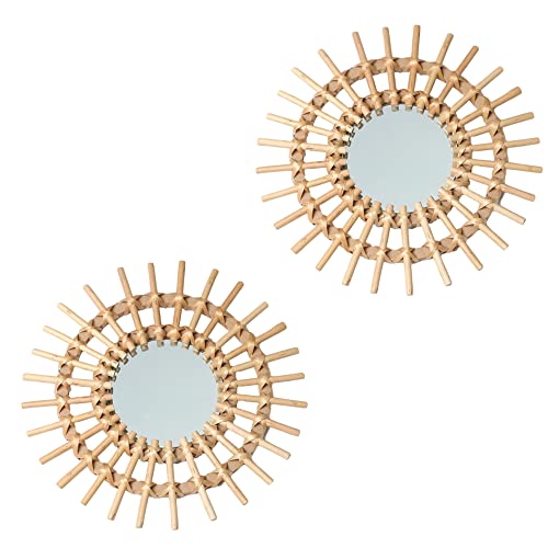 OYPEIP 2 Pack 11" Rattan Innovative Art Decoration Round Makeup Mirror Dressing Bedroom Bathroom Wall Hanging Mirrors Craft Photo Props… - color: Style-1