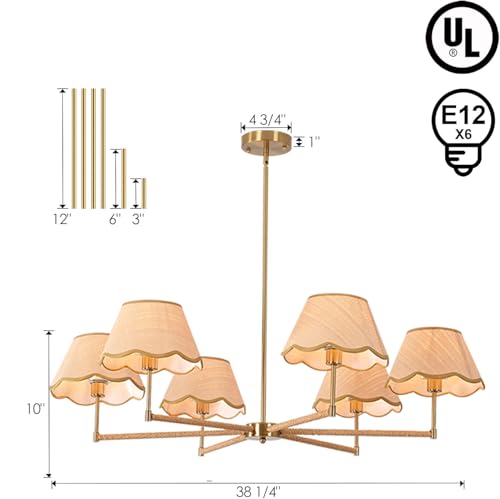 39" Adjustable Boho Rattan Chandelier - 6-Light Rustic Industrial Farmhouse Coastal Pendant Light Fixture for Kitchen Island, Dining & Living Room, Natural Wood Accents, UL Listed, E12 Base