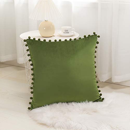 Elegant Comfort POM-POMS Fringe Velvet Cushion Covers Set of 2, Velvet Soft Solid Decorative Square Throw Pillow Covers Set Cushion Case for Couch Bed, Livingroom 18 x 18 Inch (45 x 45 cm), Sage/Green - color: Sage/Green, size: 18" x 18" (Pack of 2)