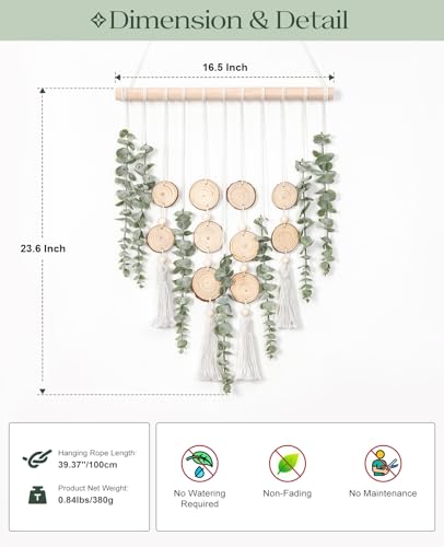 Artificial Eucalyptus Wall Hanging, Fake Greenery Leaves Stems with Wood Slices Wall Hanging Plants on Wooden Stick, Boho Wall Art Decorative for Bathroom, Living Room, Bedroom, Dining Room
