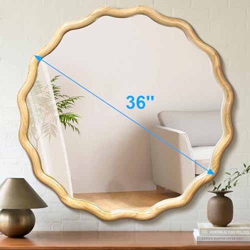 Circle Wood Mirrors for Wall, Wavy Round Bathroom Scalloped Mirror Wooden Frame 36 Inch for Living Room Farmhouse Bedroom Hallway Entryway Living Room with Shatterproof Glass Wall Mounted - size: 36"L x 36"W