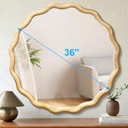 Circle Wood Mirrors for Wall, Wavy Round Bathroom Scalloped Mirror Wooden Frame 36 Inch for Living Room Farmhouse Bedroom Hallway Entryway Living Room with Shatterproof Glass Wall Mounted - size: 36"L x 36"W