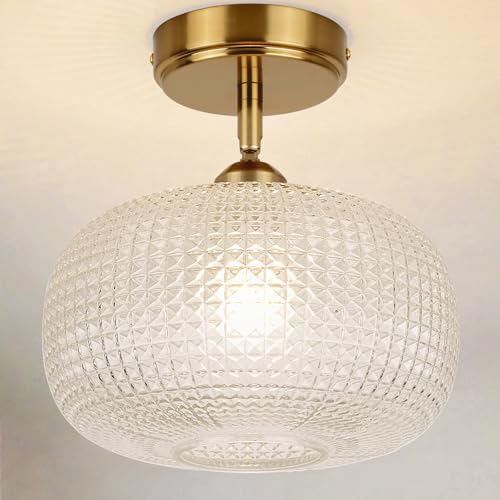 Glass Semi Flush Mount Ceiling Light Fixture, Gold Vintage Globe Lamp, Sloped Ceiling Adaptable, for Hallway, Kitchen, Bedroom, or Entryway, Modern Farmhouse Style Light for Dining Room - color: Transparent