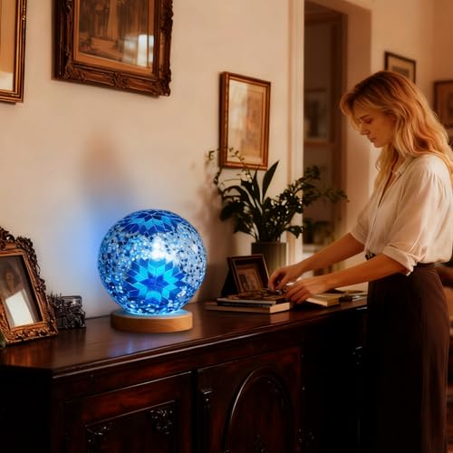 Turkish Table Lamp Bohemian Stained Glass Lamp 5V USB Power Dimmable Vintage Decorative Night Light Corridor/Foyer Art Decor Vintage Restaurant Kitchen Decorative Lights(Boho-Blue, Boho) - style: Bohemian B Blue