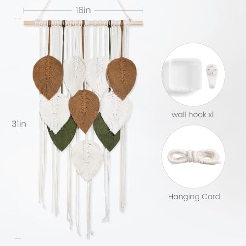 NYEONHRT Macrame Wall Hanging Boho Leaf and Feather Tapestry Handmade Woven Wall Art for Living Room Bedroom Nursery Decor 16x31 Inch (Brown green) - color: Brown green 16*31in