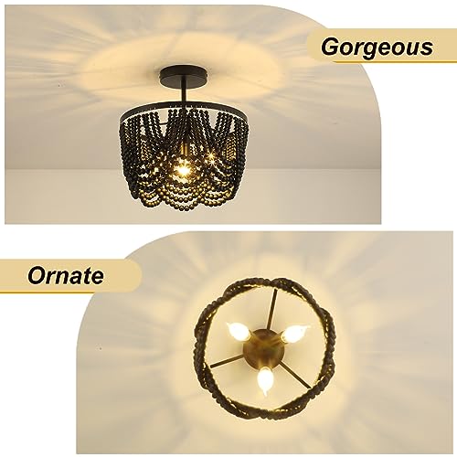 Black Boho Chandelier,Wood Beaded Chandelier Light Fixture, 12.6 inch Bohemia Draped Bead Flush Mount/Semi Flush Mount Ceiling Light Fixture for Dinning Room Bedroom Hallway - color: Black 12.6"