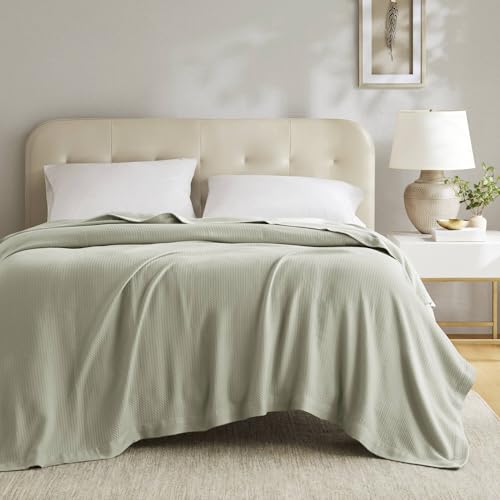 Madison Park 100% Egyptian Cotton Lightweight Summer Blanket, Breathable Waffle Knit Design, Soft Cozy All-Season Throw for Bed, Couch or Sofa, Sage Green King Size (108"x90") - color: Sage Green, size: King