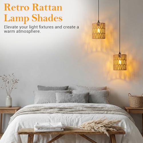 Kifmurase 3Pcs Small Rattan Lamp Shade, Boho Shades, Vintage Hanging Light Shade, 5.9" H x 4.7" D Cylinder Woven LampShades for Floor Lamps Pendant Light Chandelier Wall Sconces Light Fixture