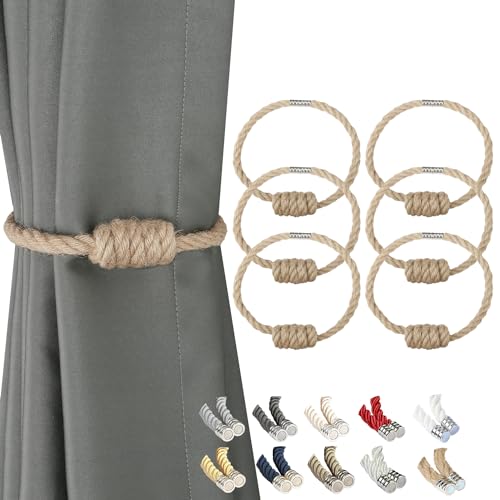 BEL AVENIR Magnetic Jute Curtain Tiebacks, Decorative Drapery Holdbacks Bohemian Style Woven Tie-Backs with Exquisite Knot (Jute, 6 Pack) - color: Jute, size: 6 Pack