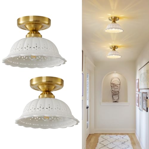 Vintage Ceramic Semi Flush Mount Ceiling Light - 2 Pack, Gold Hallway Light Fixture, Mid Century Small Close to Ceiling Lamp，Unique Flush Lighting Fixtures for Entryway Laundry Room Kitchen Cottage - color: Porous ceramics-Gold
