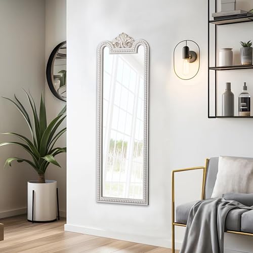 Vintage Long Wall Mirror Decorative 12 X 38 Inch, Hanging Distressed White Farmhouse Entryway Mirror with Beaded Detailing, Handmade Rectangle Wooden Boho Mirrors for Living Room Hallway