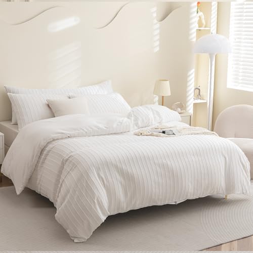 JELLYMONI Duvet Cover Oversized King Size White - 3PCS Boho Striped Duvet Cover Set Polyester Tufted Bohemian Textured Comforter Cover 120×98in with Corner Ties & Zipper and 2 Pillowcases - color: White - Stripe, size: Oversized King(120"×98")