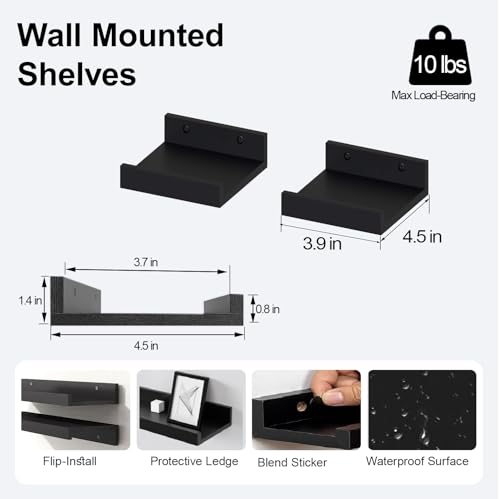 Small Black Floating Shelves for Wall Decor, Wall Mounted Wood Shelf for Bedroom, Living Room, Bathroom, Kitchen, Nursery, Mini Display Ledge Shelf with Lip Set of 2-4 Inches, Black - color: Black, size: 3.9in