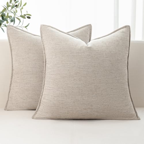 Chenille Linen Throw Pillow Covers 18x18 Set of 2, Thick Textured Boho Pillow Covers, Farmhouse Decorative Pillow Covers, Neutral Vintage Accent Covers for Couch Sofa Bed, Light Brown - color: Light Brown, size: 18" x 18" (Pack of 2)