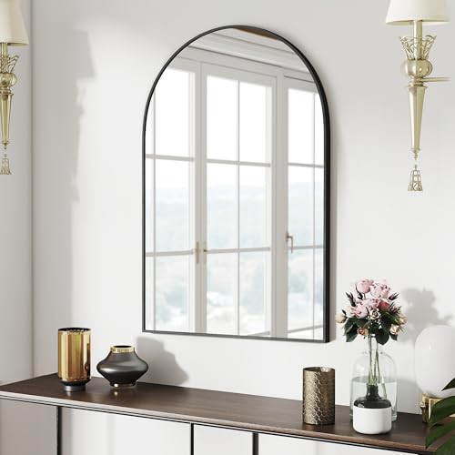 SCWF-GZ 36x24 Arch Mirror Rectangle Full Length Wall Mounted Hanging or Against Wall Metal Aluminium Alloy Frame Dressing Make-up Mirrors for Entryway Bedroom Bathroom Living Room 36 24 inch Black - color: Black, size: 36"L x 24"W