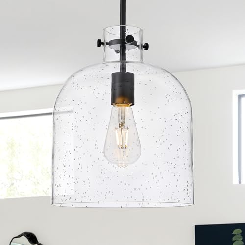 Farmhouse Black Pendant Light – 10" Seeded Glass Dome Hanging Lighting, Hand-Blown Bubble Glass Shade, 1-Light E26 Pendant Lights for Kitchen Island, Dining Room, Hallway - color: Black-Medium Seeded Glass