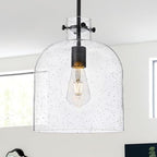 Farmhouse Black Pendant Light – 10" Seeded Glass Dome Hanging Lighting, Hand-Blown Bubble Glass Shade, 1-Light E26 Pendant Lights for Kitchen Island, Dining Room, Hallway - color: Black-Medium Seeded Glass