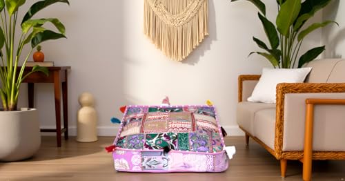 CRAFT KALA Indian Square Patchwork Traditional Pouf Cover Indian Living Room Poufs Decorative Embroidered Designer Ottoman Home Living Footstool Chair Cover Decor Pillow Cover 22x22x5 inches Baby Pink - color: Baby Pink, size: 22"D x 22"W x 5"H
