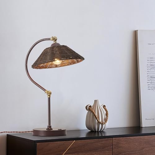 2 Pack Woven Rattan Table Lamp, Boho Plug in Handmade Rattan Shade & Anti-Rust Iron Base Desk Lamp, Plug & Play Vintage Dark Brown Bedside Lamp for Living Room, Office, Bedroom 【Bulb Included】