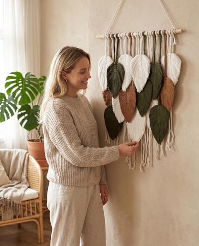 Jditngp Macrame Wall Hanging Leaf Boho Woven Tapestry,Cotton Cord Weave Tassels Home Decorations Modern Bohemian Handmade Leaf Feather Nordic Wall Art Decor for Living Room Bedroom Apartment 23.6"W X 31.5"L - color: brown15