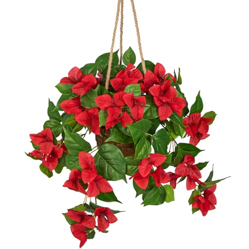 Briful Fake Hanging Basket Flowers, 27.5in Faux Red Bougainvillea Flowers in Woven Rattan Planter with Cascading Vines for Home Garden Balcony Outdoor Porch Decor - color: Red