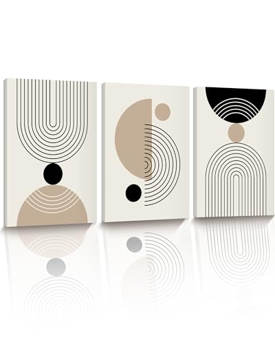 HesenDot Abstract Geometric Wall Art Set of 3, 40x60CM Minimalist Line Framed Canvas Prints, Boho Modern Beige Black Shapes Wall Decor for Living Room Bedroom Bathroom Office Home - color: Boho Line Wall Art-Framed, size: 24"L x 16"W