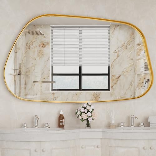Irregular Wall Mirror 55"x28" Bathroom Mirrors Asymmetrical Artistic Decorative for Living Room Bedroom Bathroom Hallway Entryway,Trapezoid,Gold - color: Gold, size: 55"L x 28"W