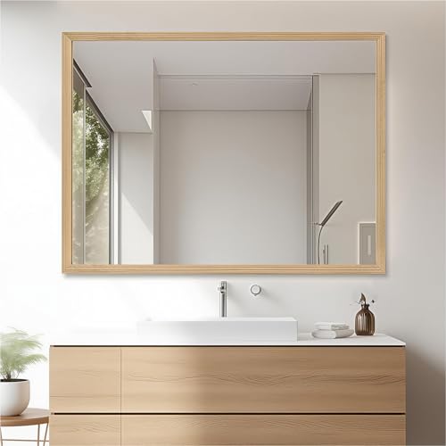 40"x30" Bathroom Mirror with Natural Wood Frame for Wall, Large Rectangle Vanity Mirror Rustic Farmhouse Decor Mirror, Anti-Rust Explosion-Proof, Hangs Horizontally or Vertically, Solid - color: Solid, size: 40"L x 30"W