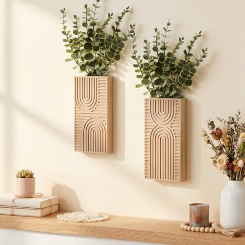 2 Pack Modern Farmhouse Wall Decor Wood Planter Vase with Artificial Eucalyptus Farmhouse Bohemian Hanging Wall Decor for Bathroom Dinning Room Living Room Hallway Bedroom(Brown) - color: Brown