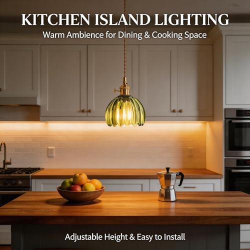 Green Tulip Glass Pendant Light, 2 Natural Light Bulbs Included, Adjustable Cord with Switch, Suitable for Kitchen Island/Dining Room - color: Green 2pcsTulip Pendant Light