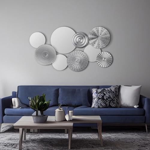 Blulu 9 Pcs Silver Mirror Wall Decor Metal Round Home Art Decor Decorative Modern Circle Mirror Wall Art Sculpture Hanging Decorations for Home Living Room Office - color: Silver