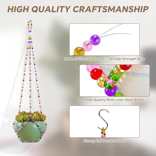 2 Pack Macrame Plant Hanger, Handmade Glass Bead Plant Hanger Colorful Decorative Bohemian Hanging Planter Holder for Indoor and Outdoor Home Garden Decor. Does Not Include Flower Pot.(17''/21'')
