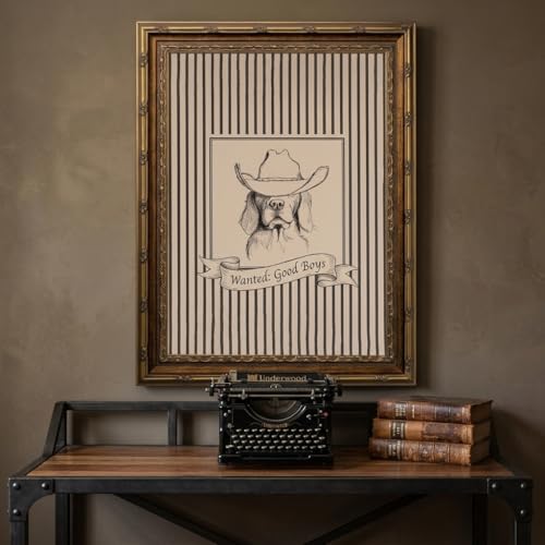 Vintage Gold Framed Western Cowboy Dog Wall Art -Striped Western Pet Canvas Decor Animal Sketch Artwork Picture for Living Room Bedroom Home Wall decor 12x16 Inches - color: Golden Retriever Dog In Cowboy Hat, size: 12"L x 16"W