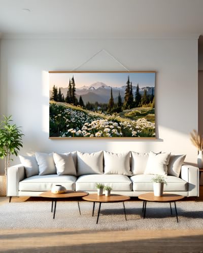 VIYYIEA Extra Large Size Canvas Wall Art, 36x54 Inch Mountain Landscape Scroll Painting with Wildflowers and Pines, Oversized Nature Wall Hanging for Living Room, Bedroom, or Office Decor - color: Evening in the Mount Rainier Range