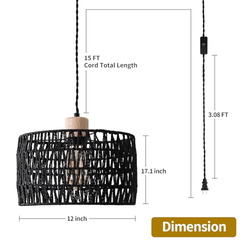Plug in Pendant Light with Hand Woven Rattan Lampshade, Hanging Lamp with 15 FT Rope Cord On/Off Switch, Boho Pendant Light Fixture for Living Room Bedroom Kitchen Island Dinning Table - color: Black