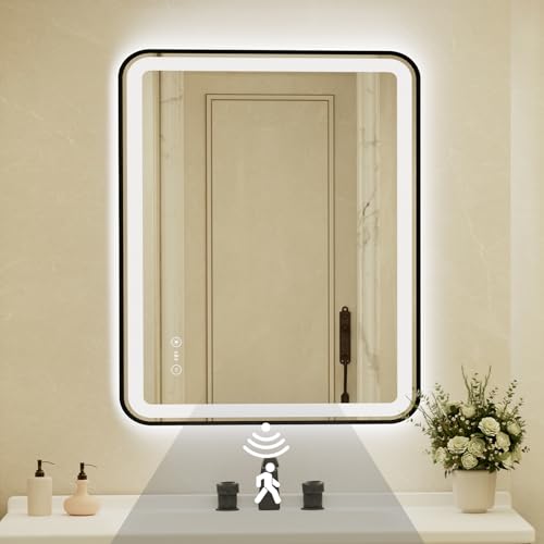 32x40 Inch Black Framed LED Bathroom Mirror with Lights,Smart Bathroom Mirror,Motion Sensor,Tempered Glass,Anti-Fog,Stepless Dimmable & 3 Colors,Memory,Vanity Mirror for Wall - color: Black-with Sensor Lights, size: 32"L x 40"W