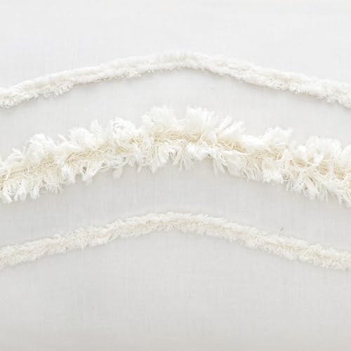 Bohemian Boho Chic Ivory Macrame Tufted Tassel 3 pc. Full / Queen Size Bed Bedding Set Duvet Comforter Cover Sham Solid Cream Textured Minimalist Off White Cotton Fringe Farmhouse Indie Neutral Rustic - color: Ivory, size: Queen