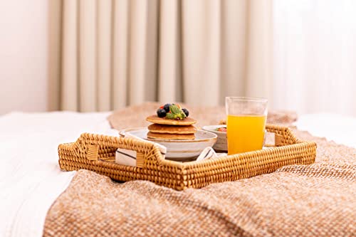 Rattan Serving Tray, Rectangular Woven Tray, Natural Wicker Decorative Serving Baskets for Organizing Tabletop Bathroom Kitchen Counter (Rattan with Handles) - color: With Handles (14.6'' X 10 '')