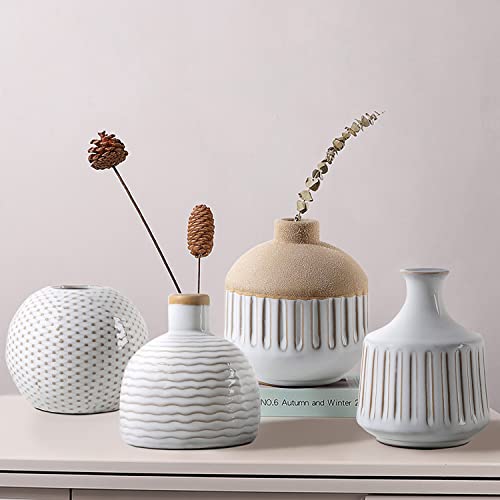 Boho Minimalist Small Ceramic Vase Set of 4 for Bedroom Living Room Office Fireplace Centerpiece Antique White Vintage Farmhouse Rustic Retro Flower Vases Home Decor Gift for Fake Plants - color: Antique